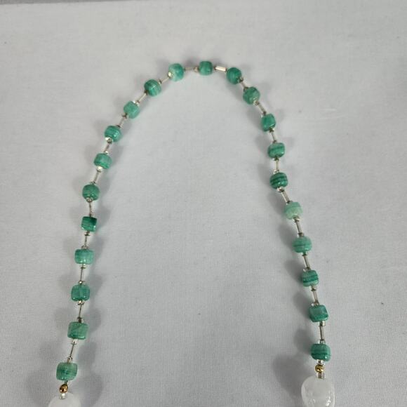 Glass Beaded Necklace with Square Sea Green Beads & White Glass Cut Beads - Picture 4 of 11